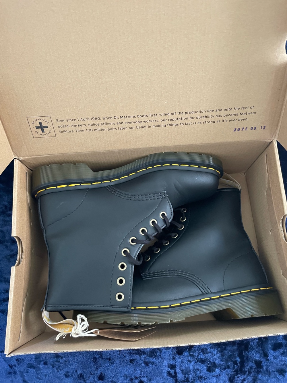 Vegan Dr. Martens 1460 Black Leather 8-Eye Lace-Up Boots with Yellow Stitching